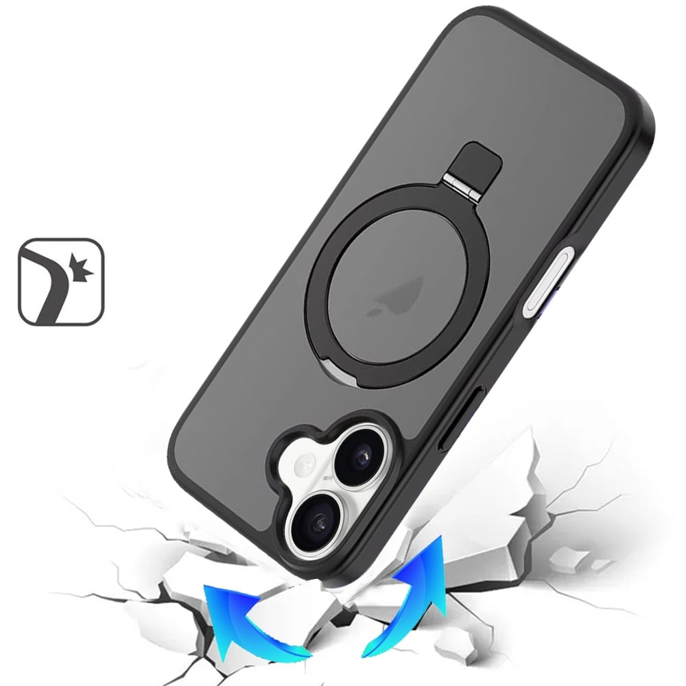 Phone Case for Apple iPhone 16 Magnetic Ring Stand Full Rotation Matte Shockproof Grip Anti Slip Durable Camera Protection Hybrid Cover Black