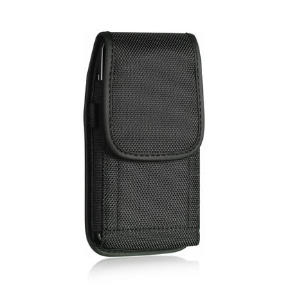 For Apple iPhone 16 Pro (6.3") Universal Pouch Case Vertical Phone Holster Durable Nylon Cover with Belt Clip Loop, Velcro & Hook Carabiner [Black]