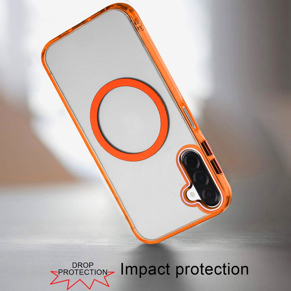 For Samsung Galaxy A17 5G Transparent Back Hybrid Case - Magnetic Circle, Color Frame, Metal Buttons, MagSafe Compatible Case Cover Cosmic Orange