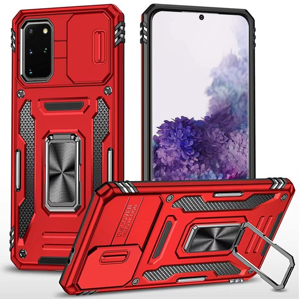 For Samsung Galaxy S20 Ultra Tough Hybrid Case with Movable Camera Window & Metal Ring Stand Shockproof Case Cover Red