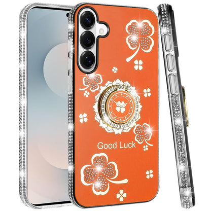 For Samsung Galaxy S26 Diamonds Bling All Around Edges Sparkly Glitter Hybrid with Ring Stand Holder Fashion Good Luck Case Cover