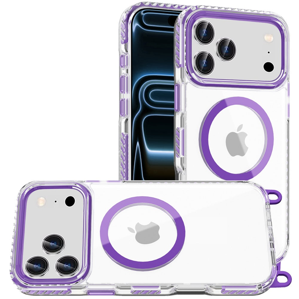 For Apple iPhone 17 Pro Max (6.9") Clear Magnetic Frame PC Back Shockproof Protective Case with Detachable Lanyard Strap, Compatible with MagSafe Case Cover Dark Purple
