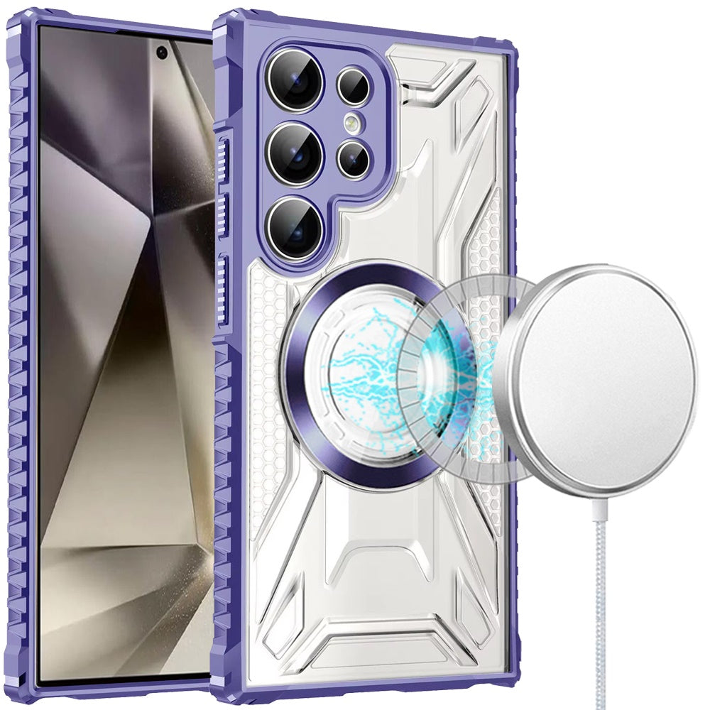 Phone Case for Samsung Galaxy S25 Ultra Clear Rugged Hybrid TPU Magnetic Back Reinforced Frame Bumper Shock Absorbing Slim Fit Cover Purple