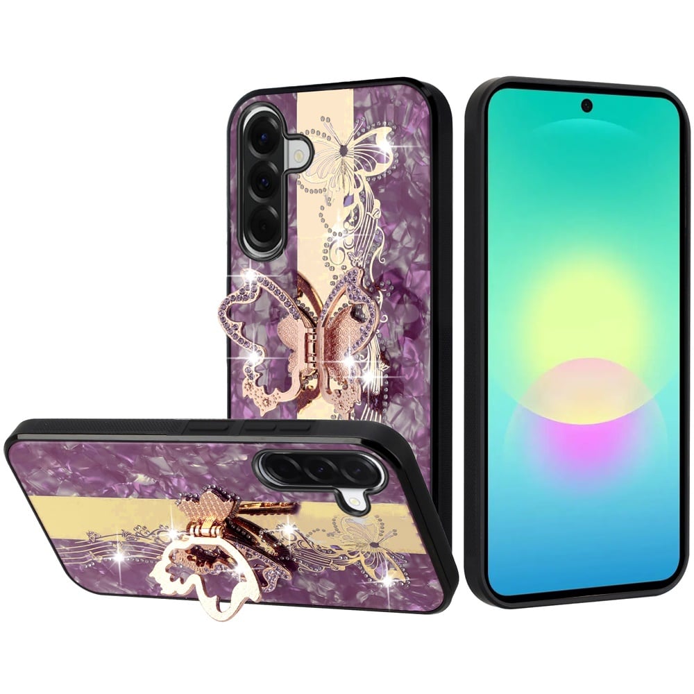 Phone Case for Samsung Galaxy A27 Diamond 3D Fashion Floral Glitter Engraved Luxury Bling Hybrid Shockproof Chrome Edge Protective Grip Cover Purple