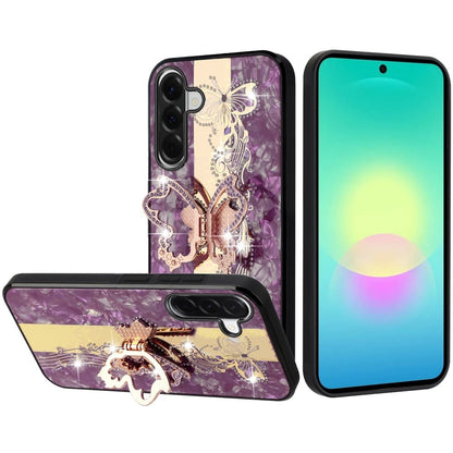 Phone Case for Samsung Galaxy A27 Diamond 3D Fashion Floral Glitter Engraved Luxury Bling Hybrid Shockproof Chrome Edge Protective Grip Cover Purple