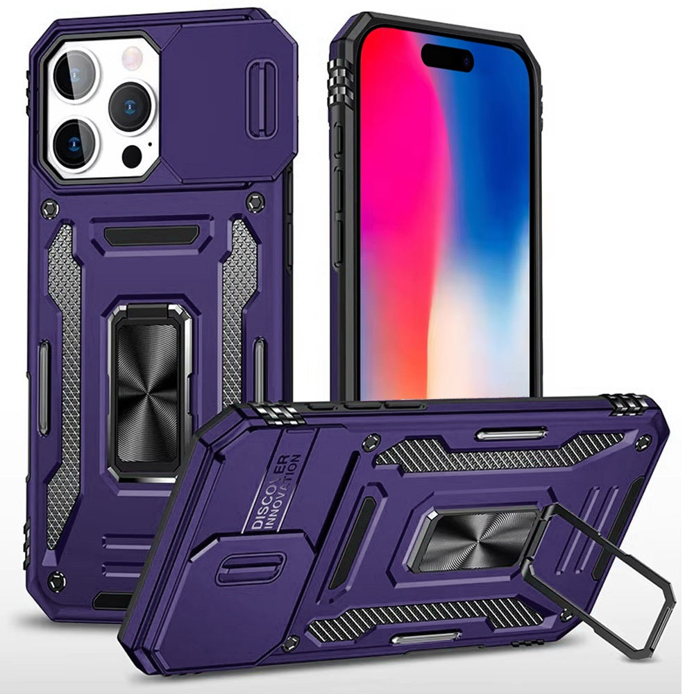 For Apple iPhone 17E /16E Tough Hybrid Case with Movable Camera Window & Metal Ring Stand Shockproof Case Cover