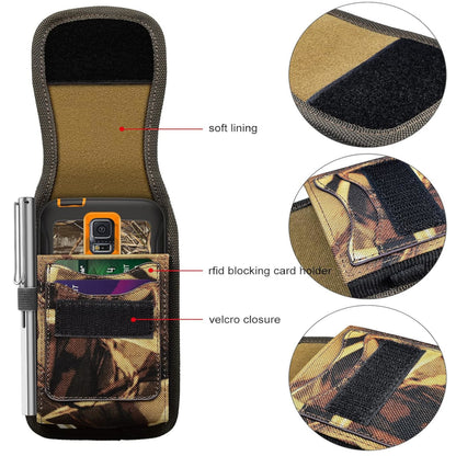 For Apple iPhone 16 Plus (6.7") Vertical Camouflage Nylon Canvas Holster Universal Cell Phone Pouch Velcro Closure with Credit Card Slot & Belt Clip Loop Carabiner [Hunting Camo]