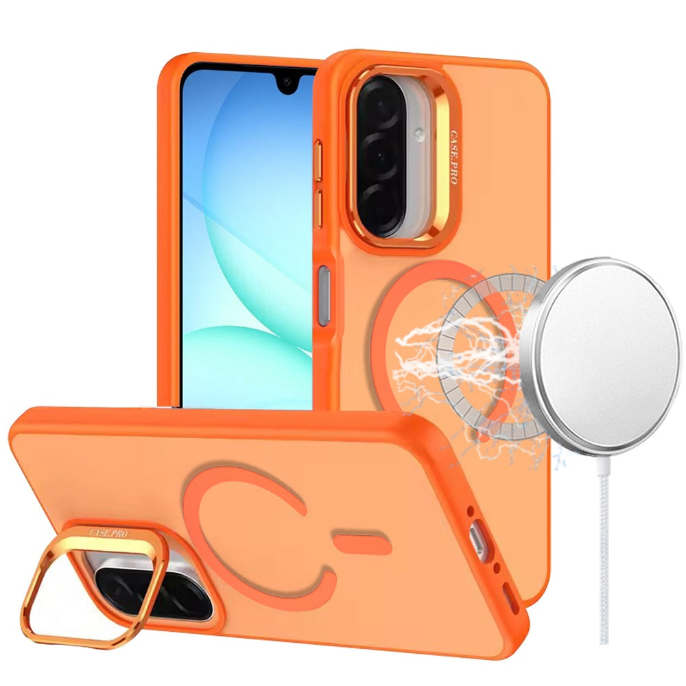For Samsung Galaxy A17 5G MagSafe Compatible Matte Metallic Stand TPU Hybrid Drop Protection Camera Kickstand Case Cover Cosmic Orange