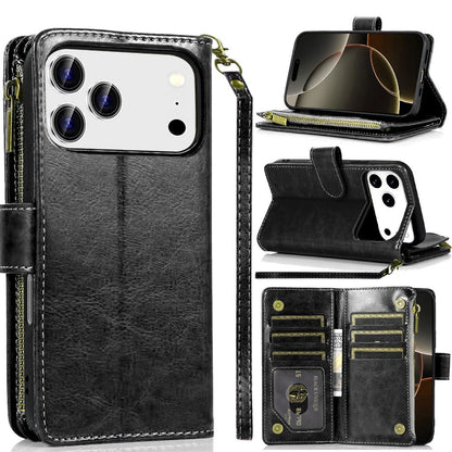 For Apple iPhone 17 Pro Max (6.9") Leather Wallet Case with Zipper, 9 Card Slots, Cash Pocket, Stand & Strap, Clutch Pouch Design Case Cover