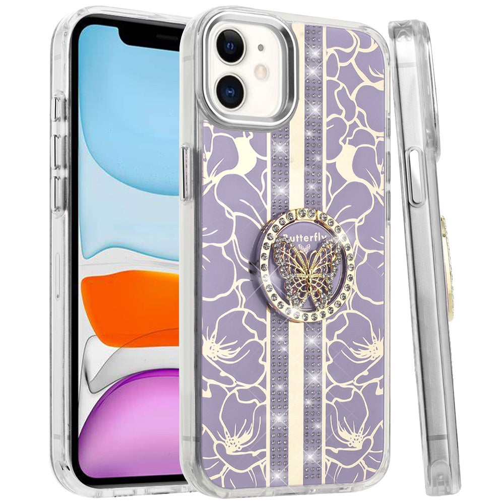 For Apple iPhone 11 Diamonds 3D Butterfly Floral Design Bling Sparkly Glitter Hybrid Metal Fashion with Ring Stand Case Cover