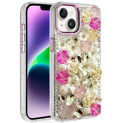 Phone Case for iPhone 14 Luxury Rose Bling Rhinestone Glitter Floral Hybrid Shockproof Stylish Protective Designer Ornament Sparkle Cover Pink