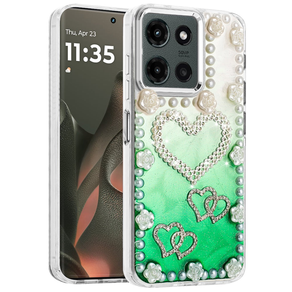 For Motorola Moto G 5G 2025 Bling Fashion Design with 3D Pearls Epoxy Glitter Ornaments Chrome Edge Hard Slim PC Case Cover
