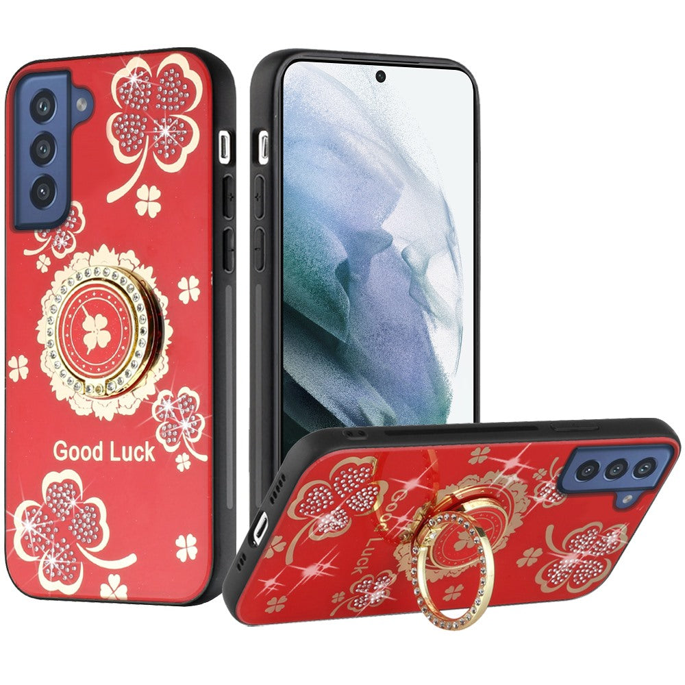 For Samsung Galaxy S21+ / S21 Plus Diamonds 3D Fashion Floral Bling Sparkly Glitter Ornaments Engraving Hybrid with Ring Stand Case Cover Red Good Luck Floral