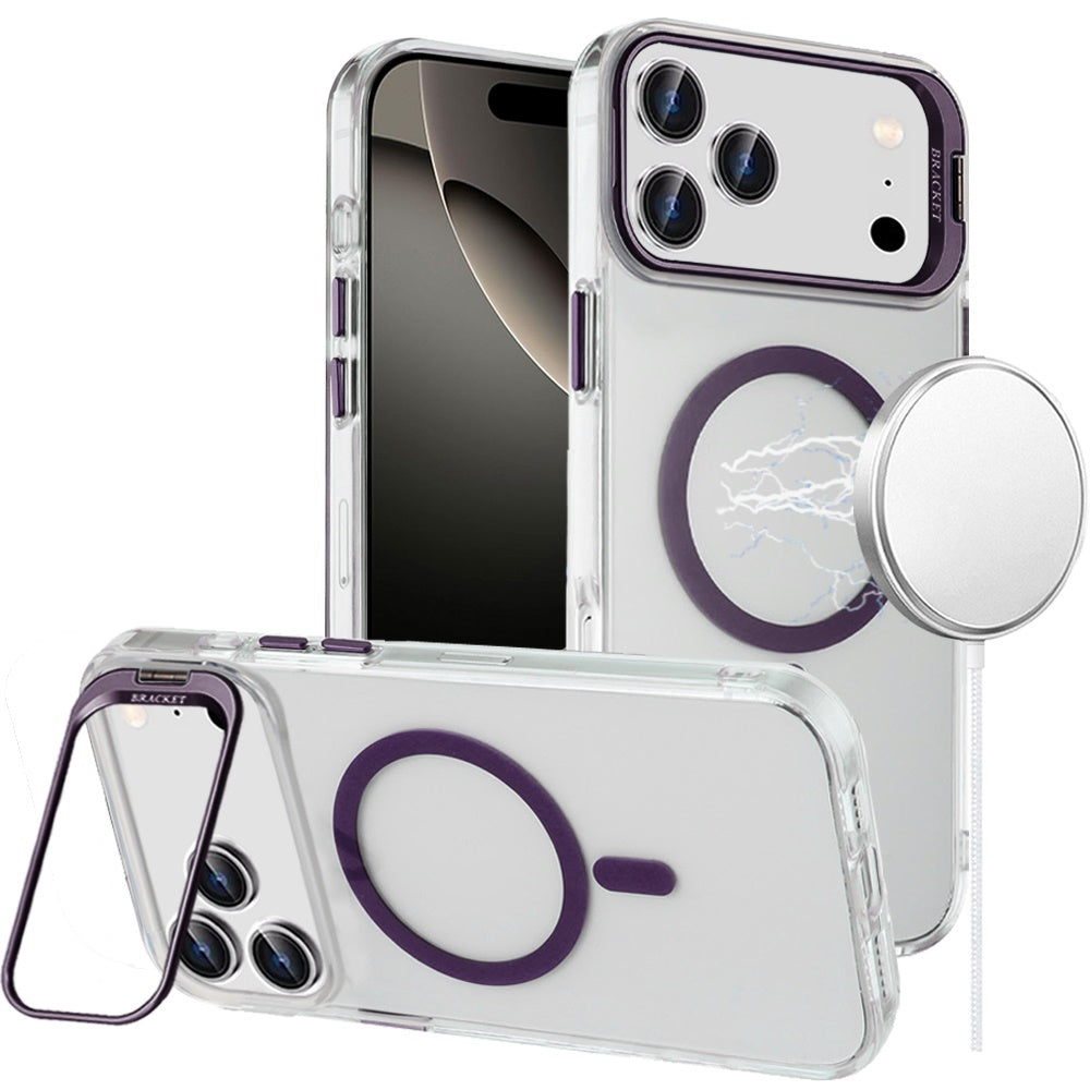 For Apple iPhone 17 Pro Max (6.9") Magnetic Back MagSafe Compatible Transparent Hybrid Drop Protection with Metallic Camera Stand Case Cover Dark Purple