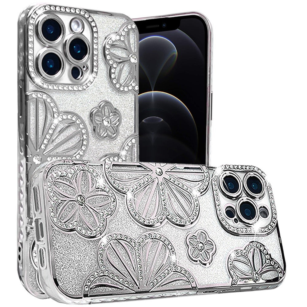 Luxury Flower Design Sparkle Glitter Diamond Rhinestone Shimmer Bling Plating Thick TPU Hard PC