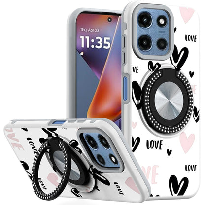 Phone Case for Motorola Moto G 5G 2026 / 2025 Magnetic Ring Stand Matte Metal Hybrid Car Mount Friendly Shockproof Rotational Grip Diamond Design Pattern Cover Love Heart Love