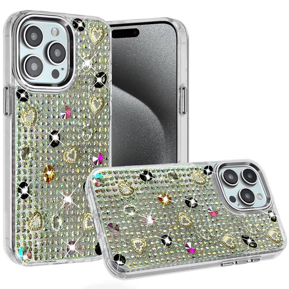 Phone Case for Apple iPhone 15 Pro Max Chrome Fashion Hybrid Bling Diamond Heart Rhinestone Decorative Stones Sparkling Embellished Design Cover Black