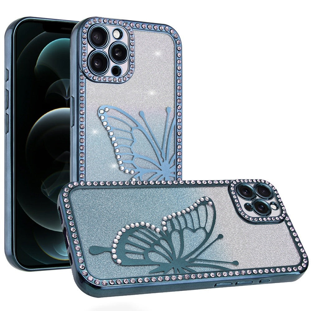 Phone Case for Apple iPhone 12 Pro Max Butterfly Diamond Glitter Shimmer Electroplated Hybrid Luxury Sparkle Rhinestone Protective Stylish Shockproof Cover Blue