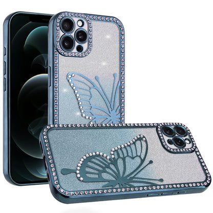 Phone Case for Apple iPhone 12 Pro Max Butterfly Diamond Glitter Shimmer Electroplated Hybrid Luxury Sparkle Rhinestone Protective Stylish Shockproof Cover Blue