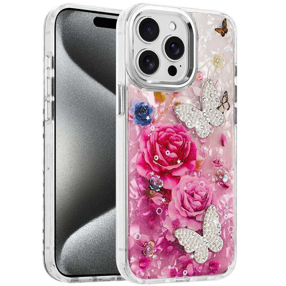 For Apple iPhone 13 Pro Max Epoxy Glitter Flowers Bling 3D Butterfly Fashion TPU Hybrid with Shockproof Protection Case Cover
