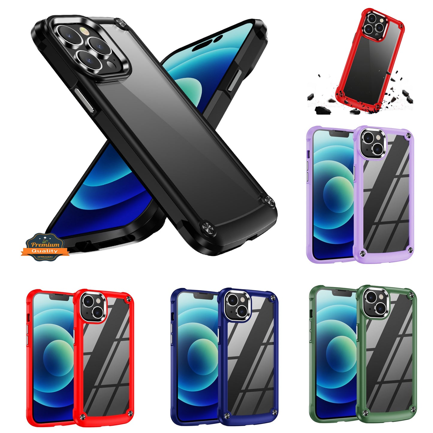 For Apple iPhone 15 (6.1") Heavy Duty Hybrid Clear back Shield Hard PC + TPU Bumper Edge Frame Shockproof Protective  Phone Case Cover