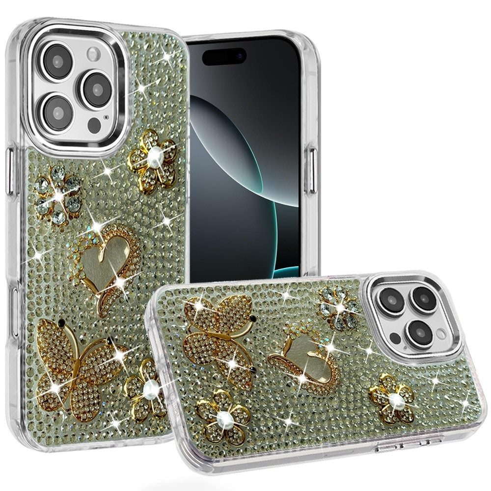 Phone Case for iPhone 16 Pro Max Luxury Crystal Butterfly Floral Jeweled Heart Full Diamond Design, Sparkling Decorative Details, Elegant Style Cover Silver