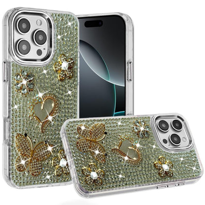 Phone Case for iPhone 16 Pro Max Luxury Crystal Butterfly Floral Jeweled Heart Full Diamond Design, Sparkling Decorative Details, Elegant Style Cover Silver