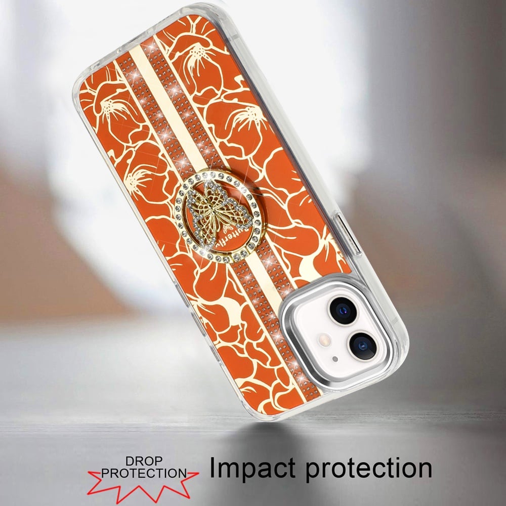 For iPhone 12 / iPhone 12 Pro (6.1") Diamonds 3D Butterfly Floral Design Bling Sparkly Glitter Hybrid Metal Fashion with Ring Stand Case Cover