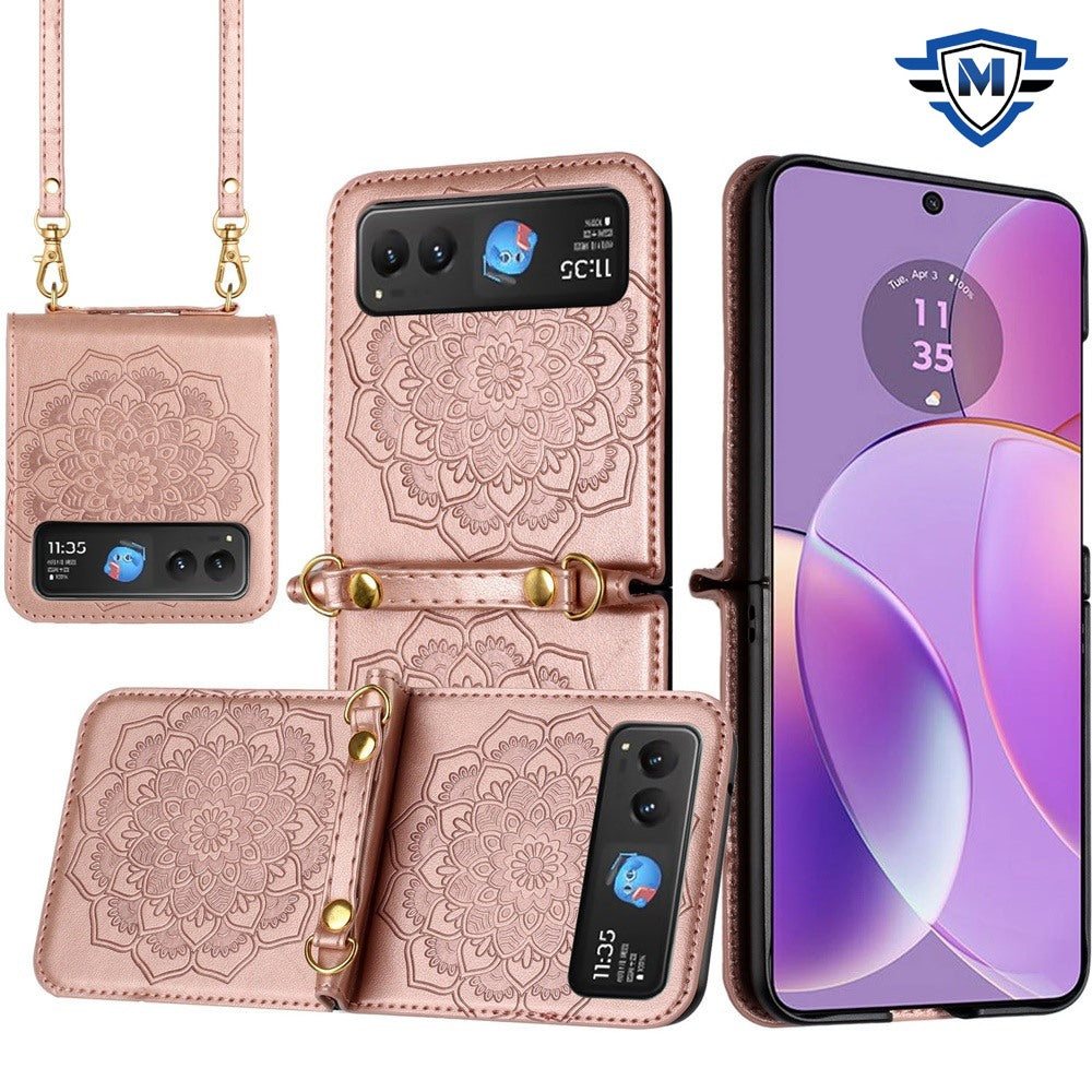 For Motorola Razr 2025 Premium Floral Embossed PU Leather Flip Cover, Elegant Mandala Design with Strap Case Cover