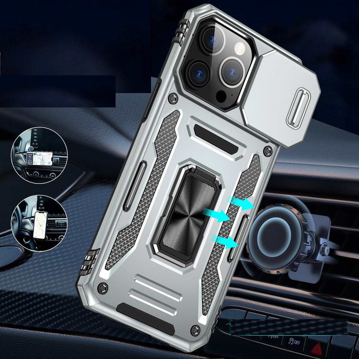 Phone Case for Apple iPhone 15 Tough Metal Ring Shockproof Sliding Camera Window Hybrid Armor Rugged Anti Slip Heavy Duty Grip Cover Gray