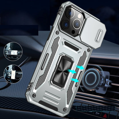 Phone Case for Apple iPhone 15 Tough Metal Ring Shockproof Sliding Camera Window Hybrid Armor Rugged Anti Slip Heavy Duty Grip Cover Gray