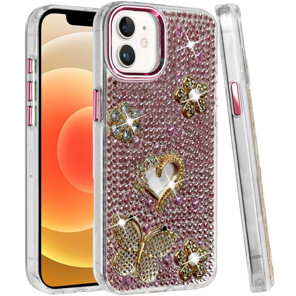 Phone Case for Apple iPhone 12 /12 Pro Luxury Crystal Butterfly Floral Jeweled Heart Full Diamond Design, Sparkling Decorative Details, Elegant Style Cover