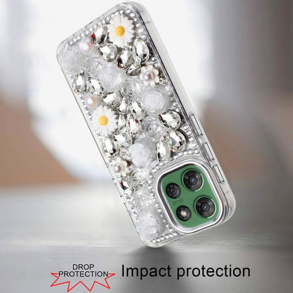 For Motorola Moto G Power 5G 2026 /2025 Fashion Daisy Floral Series, Full 3D Bling Crystal Diamonds Sparkling Rhinestone Glitter Hybrid Design Case Cover White