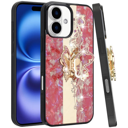 For Apple iPhone 17 (6.3") Diamonds 3D Fashion Bling Sparkly Glitter Ornaments Engraving Hybrid with Ring Stand Case Cover