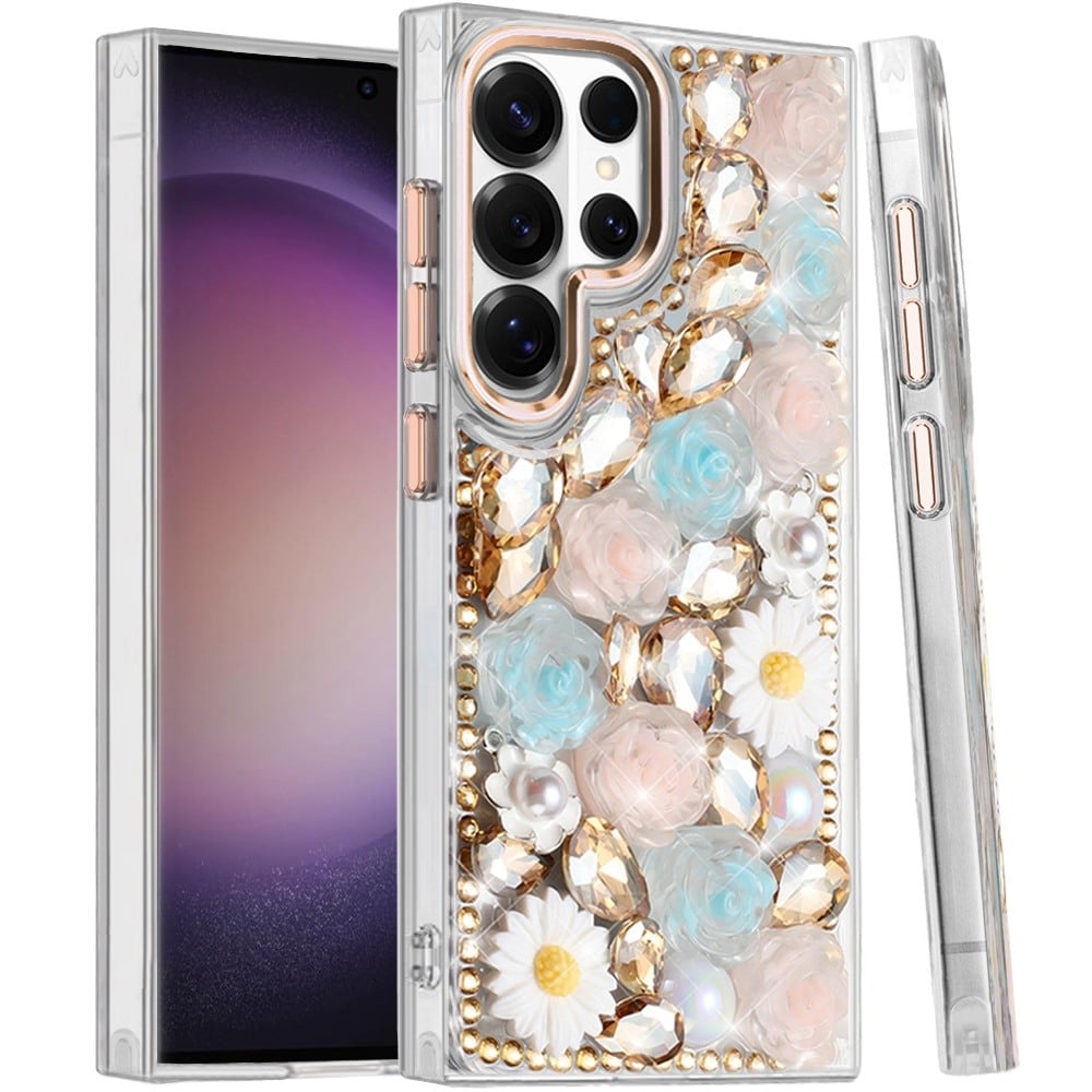 Phone Case for Samsung Galaxy S23 Ultra Full Bling Rhinestone Glitter Floral Luxury Hybrid Shockproof Stylish Sparkling Protective Designer Ornament Cover