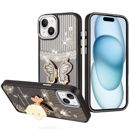 For Apple iPhone 17E /16E Glitter 3D Butterfly Design Bling Metallic Edge Hybrid Stand Drop Protection TPU Shockproof Case Cover