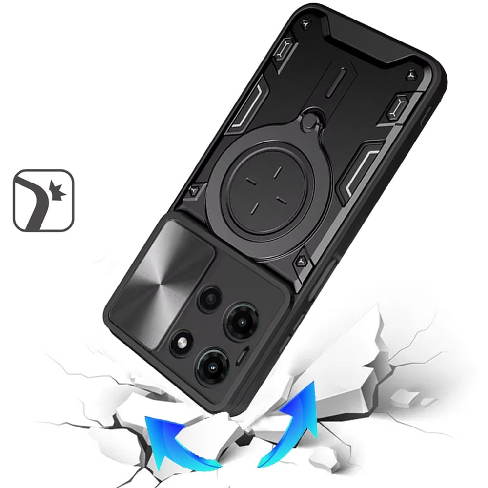 Phone Case for Motorola Edge (2025) Magnetic Ring Stand Shockproof Hybrid Full Camera Slide Guard Anti Slip Heavy Duty Protective Armor Cover Black