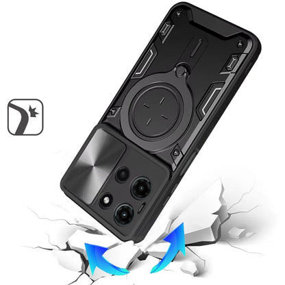 Phone Case for Motorola Edge (2025) Magnetic Ring Stand Shockproof Hybrid Full Camera Slide Guard Anti Slip Heavy Duty Protective Armor Cover Black