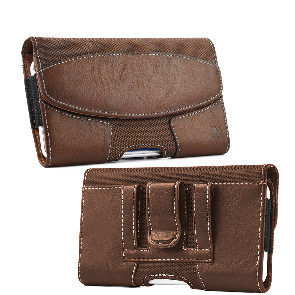 For Apple iPhone 16 Pro (6.3") Horizontal Universal Pouch Case PU Leather Cell Phone Holster with Belt Clip and Card Slot Pocket Cover (Size 6.3") [Brown]
