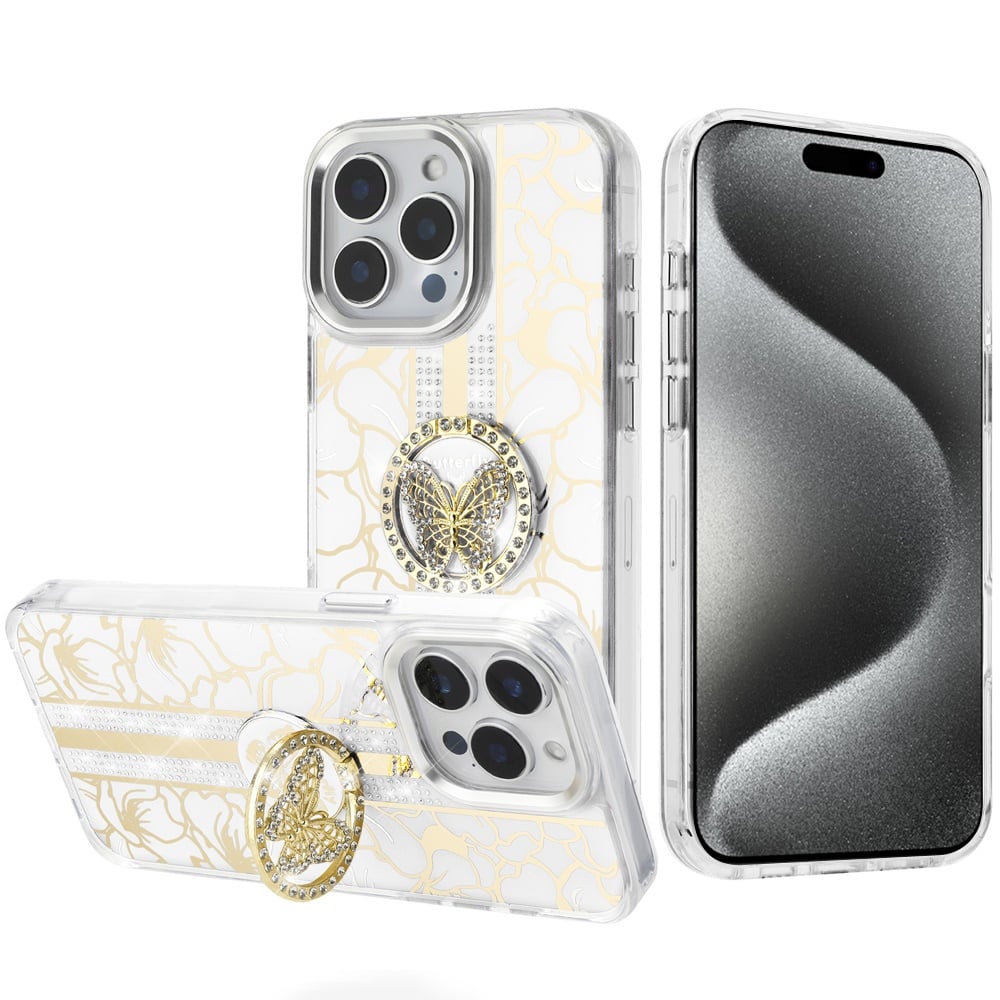For iPhone 15 Pro Max (6.7") Diamonds 3D Butterfly Floral Design Bling Sparkly Glitter Hybrid Metal Fashion with Ring Stand Case Cover