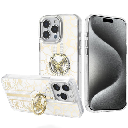 For iPhone 15 Pro Max (6.7") Diamonds 3D Butterfly Floral Design Bling Sparkly Glitter Hybrid Metal Fashion with Ring Stand Case Cover