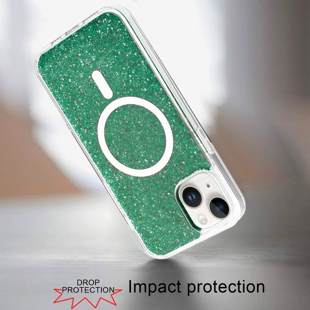 Phone Case for iPhone 14/13 Hybrid Construction Shockproof MagSafe Magnetic Circle 2.5mm Thick Epoxy Glitter Protective Design Magnetic Accessory Compatible Cover Green