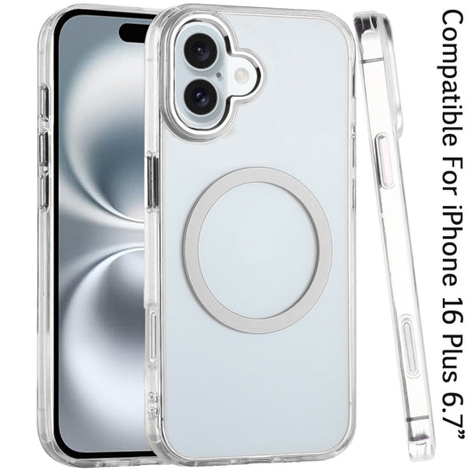 Phone Case for Apple iPhone 16 Plus Magnetic Clear Acrylic Metal Button Camera Guard Shockproof Transparent Slim Grip Premium Hybrid Cover
