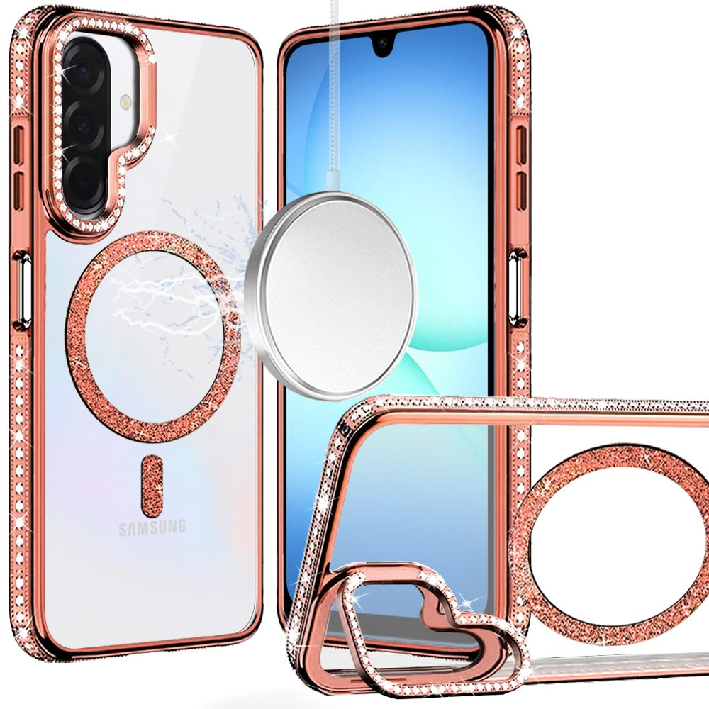 Phone Case for Galaxy A17 5G Luxury Diamond Bling Edged Magnetic Glitter Shockproof Hybrid with Camera Kickstand Durable Grip Cover Pink