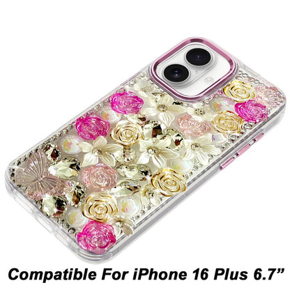 Phone Case for Apple iPhone 16 Plus Luxury Rose Bling Rhinestone Glitter Floral Hybrid Shockproof Stylish Protective Designer Ornament Sparkle Cover