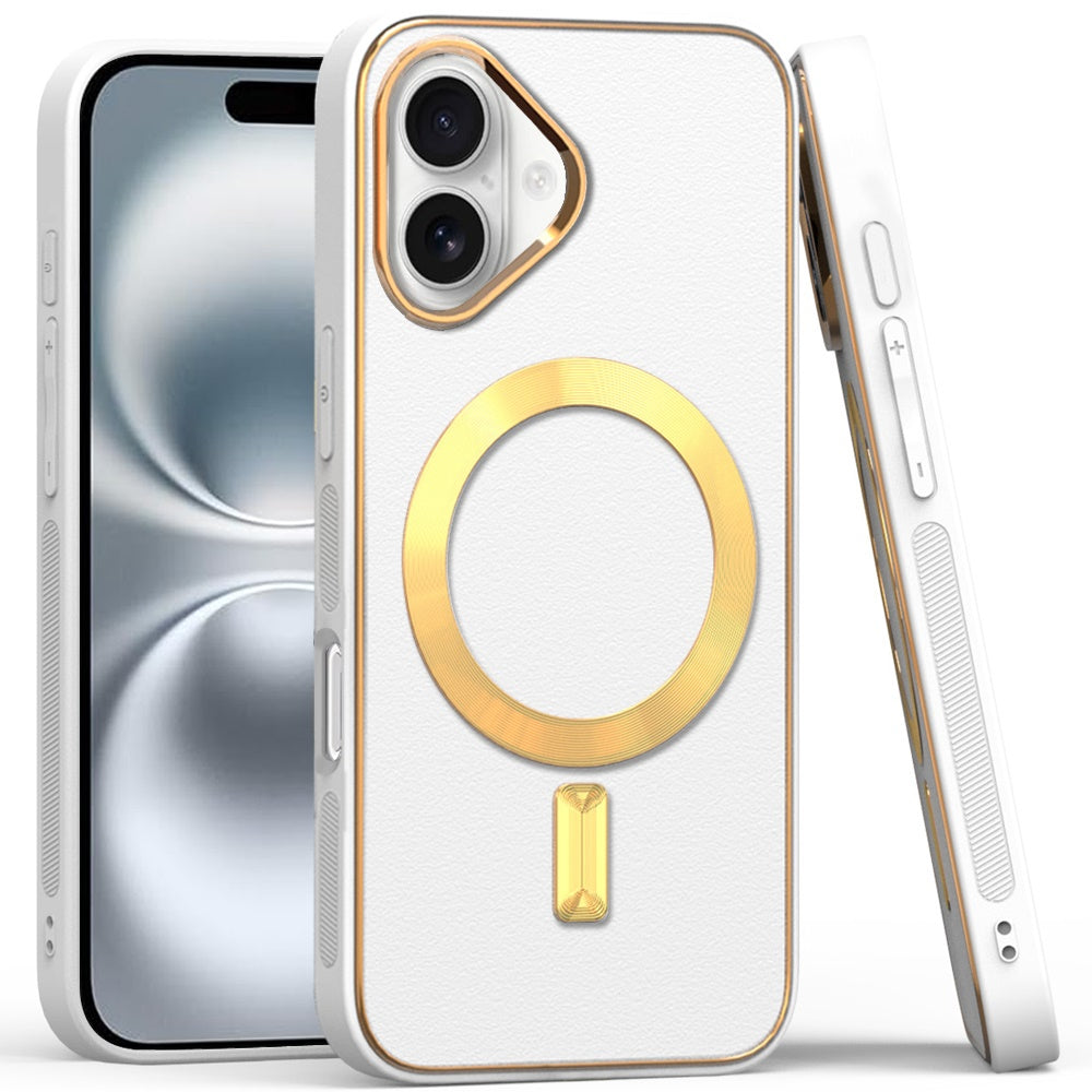 For Apple iPhone 16 Plus (6.7") PU Leather Magnetic Case Slim Protective Cover with MagSafe Compatibility Hard PC Gold Frame Protection Case Cover