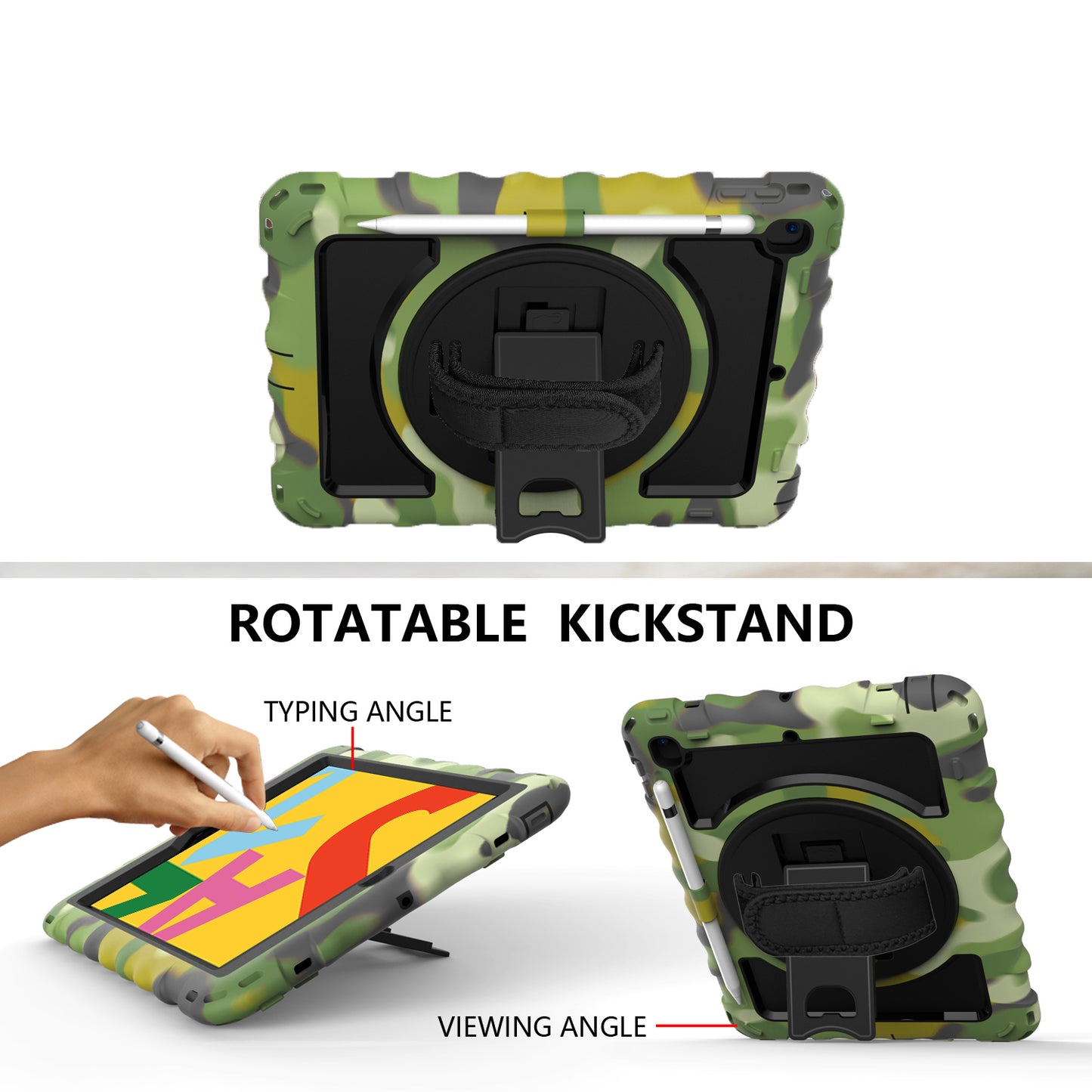Tablet Case for Apple New iPad (9.7 inch), iPad 6th/5th Gen 2018 2017 360 Rotating Back Hybrid Heavy Duty Kickstand Hand Strap Shoulder Strap Full Body Drop Protection Cover Camouflage