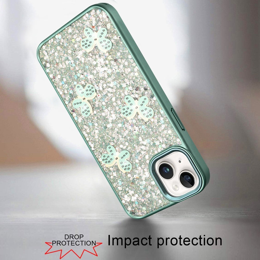 For iPhone 15 (6.1") Cute Butterfly Crystal Diamond Glitter Case Sparkle Bling Frame Metallic Edges, Shimmer TPU Hybrid Case Cover