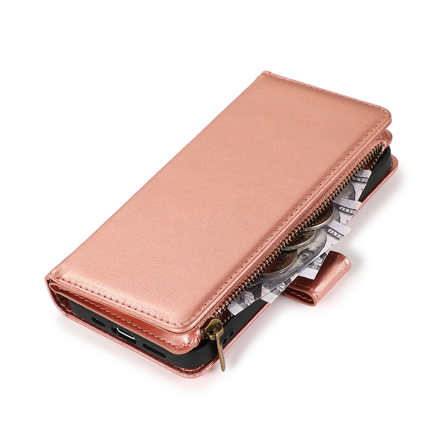 For Motorola Edge 2025 Leather Wallet Case with Zipper, 9 Card Slots, Cash Pocket, Stand & Strap, Clutch Pouch Design Case Cover Rose Gold