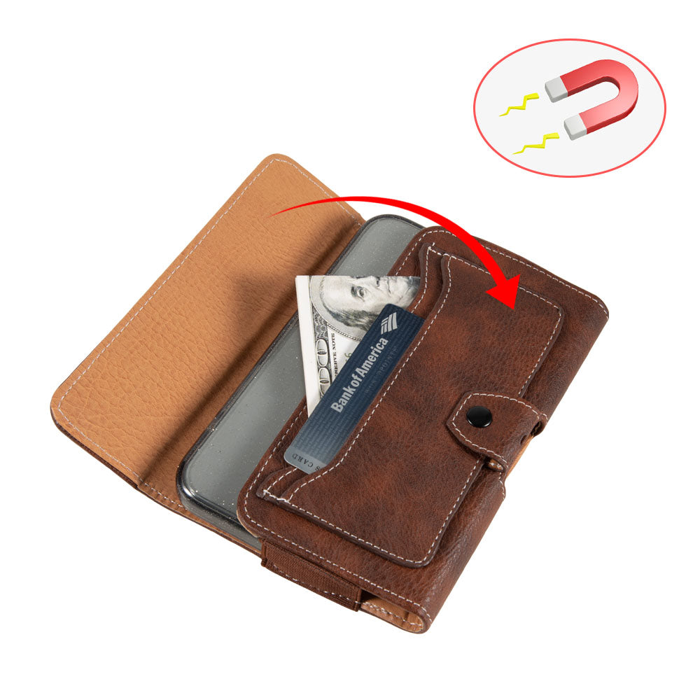 For Apple iPhone 16 Pro (6.3") Universal Pouch Case Horizontal Phone Holster Leather Cover with Pouch ID Credit Card Holder Slots and Belt Clip Loop, XL [Brown]